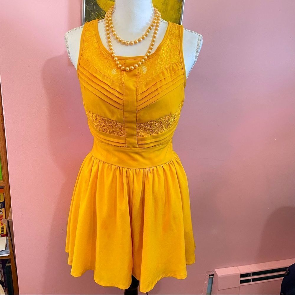 Hollywould Goldenrod Flowy Lace Wasp Waist Romper